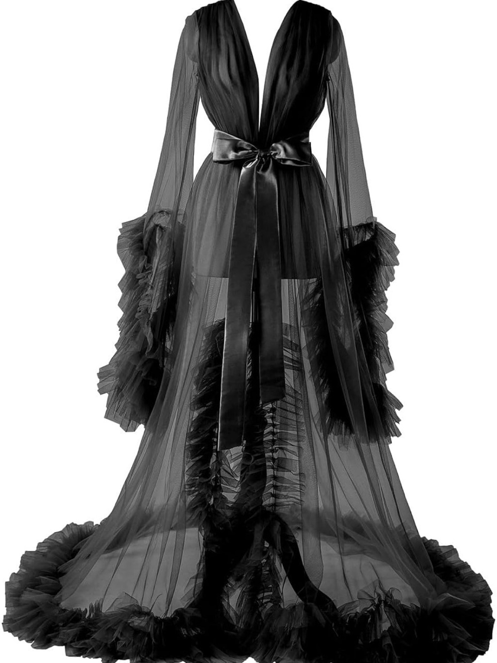 Amazon Black Sheer Tulle Long Sleeve Ruffled Robe Dress
